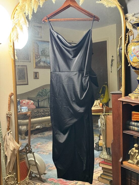 SHEIN Dresses & Skirts - Shein Black Satin Cocktail Wrap Dress with Spaghetti Straps
